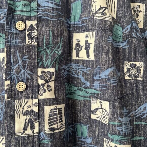 Reyn Spooner Okinawan Village Aloha Shirt Mens Sz Medium Blue Classic Hawaiian - Picture 6 of 15